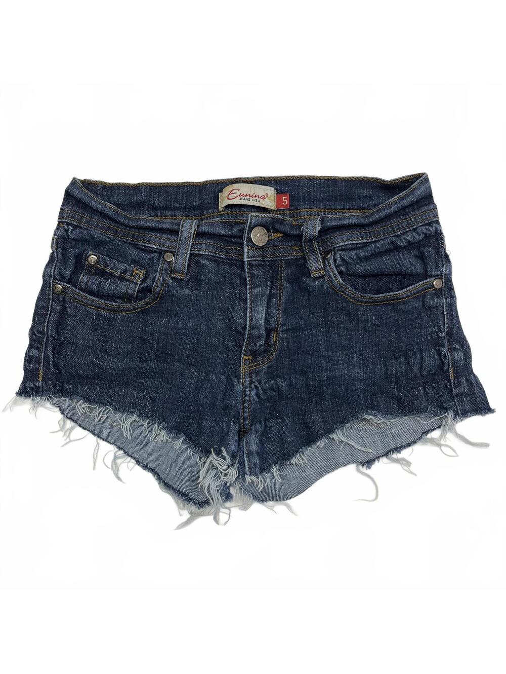 Vintage Eunina Jeans USA Made Blue Denim Low Rise Shorts Distressed Raw Hem Sz 5